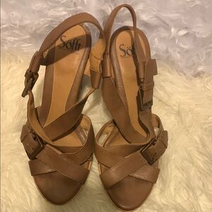Sofft Brown Leather Wedge Sandals with Strappy Design